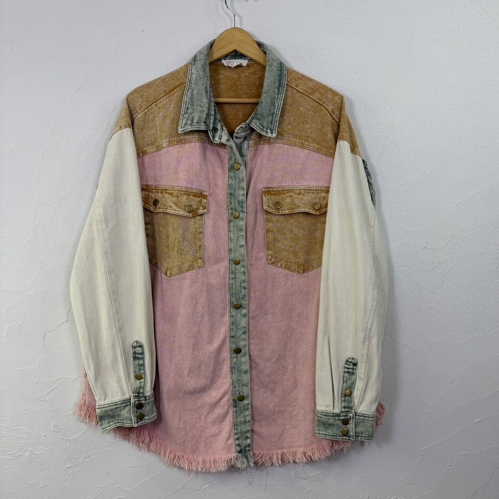 Oli & Hali Colorblock Denim Shacket Women Large Pink Tan Fringed Boho Western